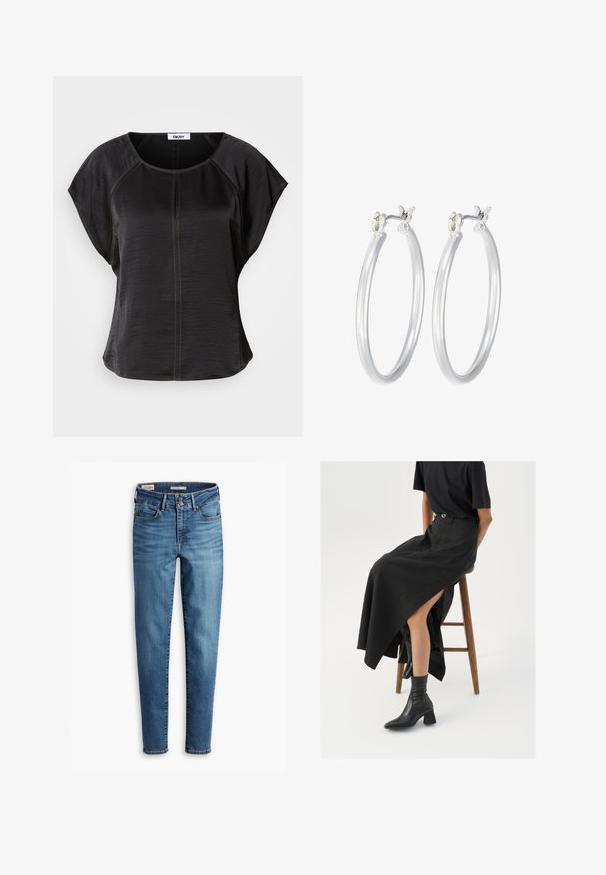 Must kollane lühikeste varrukatega pehme topp, millel on ümmargune kaelus ja kontrastne helepruun õmblus ees ja õmbluste ääres.; Kõrge vöökohaga kitsad teksad helesinisest denimist. Omab viit taskut, ees klõpsuga sulgemist ja klassikalist tikandit kogu ulatuses.; Must mustriga mustri, kõrge lõhiku ja musta T-särgiga, koos mustade ankle kingadega. Minimalistlik disain, lõtv istuvus.; Hõbedased rõngaskõrvarõngad, millel on sile, läikiv viimistlus. Ümmargune kuju ja turvaline klõpsulatus. Kerge disain, sobib igapäevaseks kandmiseks.