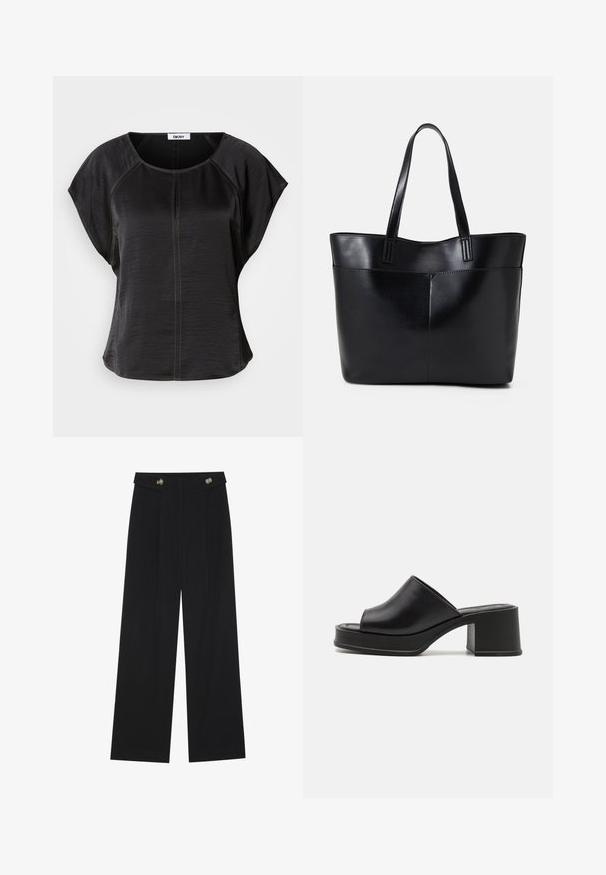 Top scurt negru cu mânecă scurtă și o croială lejeră, având un decolteu rotund și cusături contrastante de culoare bej pe față și pe zonele cusute.; Pantaloni negri cu picioare largi, talie înaltă, detalii cu butoane pe talie și pliseuri în față.; Mule-uri negre din piele cu platformă, cu vârf rotund și deschis, toc mic și bloc, și textură netedă. Design minimalist cu linii elegante.; Geantă oversized din piele neagră, cu două mânere lungi, de textură netedă și formă structurată. Are un buzunar frontal pentru stocare suplimentară.