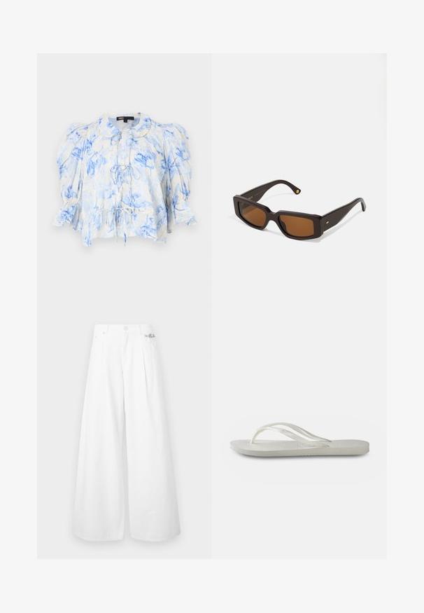 Blusa floreale color crema con motivi di fiori blu, maniche a sbuffo, colletto e dettaglio con nodo frontale. Tessuto leggero con finitura morbida e testurizzata.; Pantaloni bianchi a gamba larga in cotone, con vita alta, pieghe anteriori e un accento in silver con logo sulla vita.; Infradito bianchi con suola testurizzata, caratterizzate da cinghie sottili e design piatto. Realizzate in gomma con un logo sottile sulla soletta.; Occhiali da sole rettangolari marroni con una montatura in plastica marrone scuro. Presentano lenti di colore marrone e un elegante accento dorato sulla tempia.