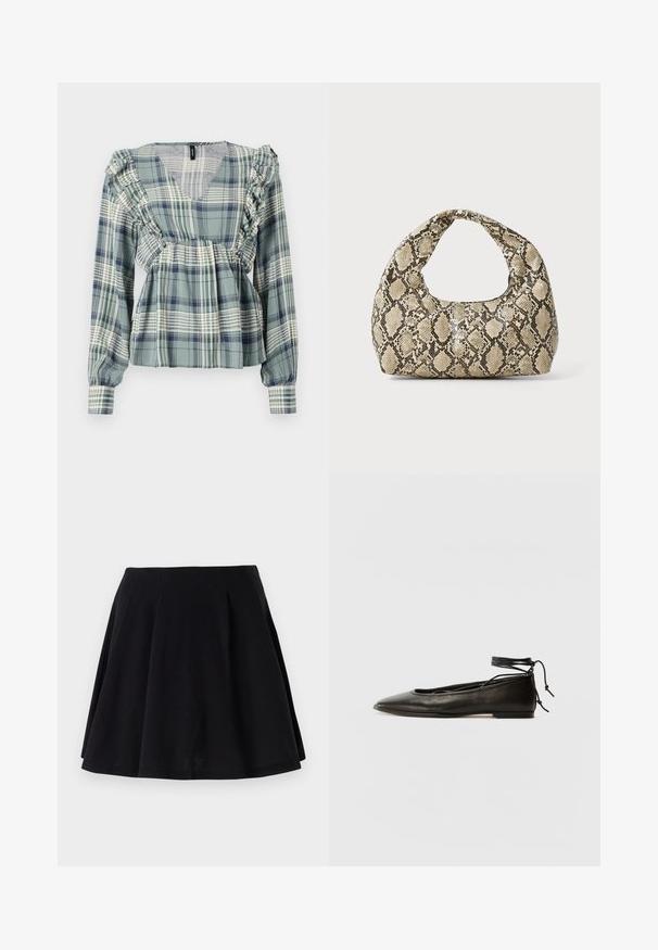 Roheline ruuduline pluus, millel on volangakujulised aktsendid kaeluses ja õlgadel; pikad varrukad; kerge kangas; sisaldab V-kaelust.; Must mustriga mustreerimisega must puuvillane seelik, kus on flared siluett, koos plekkidega vöökoha piirkonnas ja sujuva tekstuuriga. Sobib igapäevaseks kandmiseks.; Must mustast balletijalatsid, millel on terav nina, pahkluu seotud ja lame tall, sujuva tekstuuri ning minimalistlik disain.; Musta käärmeprindiga kott kõveraga käepidemega. Valmistatud tekstiilsetest, beežidest ja pruunidest materjalidest, millel on iseloomulik rombikujuline muster.