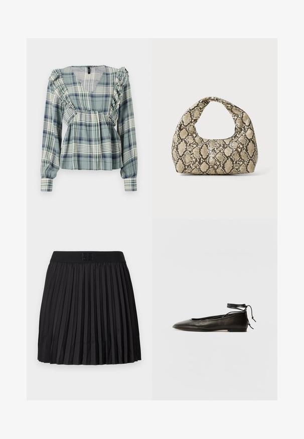 Grønternet bluse med volangdetaljer langs udskæringen og skuldrene; lange ærmer; letvægtsstof; har en V-udskæring.; Sort plisseret nederdel med en glat tekstur, der har en ensfarvet sort talje og en præget logo-detalje foran.; Sorte læder ballerinaer med spids tå, ankelbinding og flad sål, der har en glat tekstur og minimalistisk design.; Slangeprint håndtaske med et buet håndtag. Lavet af strukturerede, beige og brune materialer, med et karakteristisk diamantmønster.