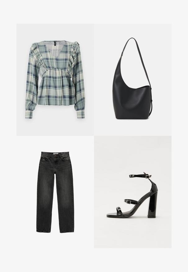 Grüne karierte Bluse mit Rüschendetails entlang des Ausschnitts und der Schultern; lange Ärmel; leichte Stoffqualität; verfügt über ein V-Ausschnitt-Design.; Schwarze Jeans aus Denim mit lockerer Passform, geradem Bein, fünf Taschen-Design und einer leicht gewaschenen Textur. Knopf- und Reißverschluss vorne.; Schwarze patentierte Sandalen mit Absatz, quadratischer Spitze, Knöchelriemen und silbernen Schnallen. Mit einem stabilen Blockabsatz für mehr Stabilität.; Schwarze Leder-Hobo-Tasche mit einer glatten Textur, geschwungener Form und einem einzelnen verstellbaren Tragegurt; verfügt über eine weite Öffnung am oberen Ende.