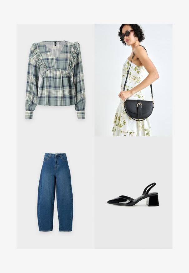 Blusa a quadri verdi con dettagli arricciati lungo il collo e le spalle; maniche lunghe; tessuto leggero; presenta un design a scollo a V.; Jeans in denim con un lavaggio blu medio, caratterizzati da una vita alta, una gamba larga e un design a cinque tasche standard con dettagli di cucitura visibili.; Décolleté in vernice nera con punta affusolata e tacco in geometria cubica. Presentano un design elegante e minimalista, con una texture liscia.; Borsa a tracolla nera in pelle con una forma curva, manico rimovibile e accessori dorati. La borsa presenta una patta con un dettaglio a fibbia.