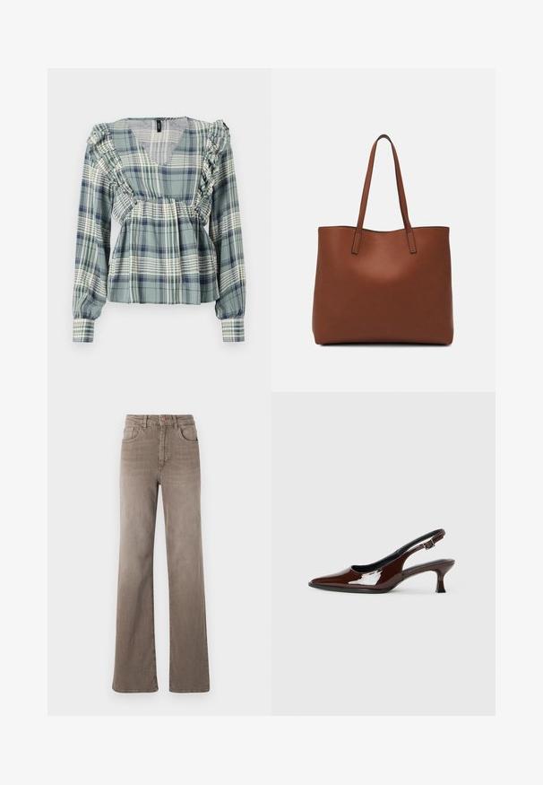 Blusa a quadri verdi con dettagli arricciati lungo il collo e le spalle; maniche lunghe; tessuto leggero; presenta un design a scollo a V.; Jeans dritti a vita alta marroni con bottone frontale, passanti per cintura e design classico a cinque tasche su sfondo bianco.; Scarpa slingback in pelle verniciata marrone con punta affusolata e tacco moderato. Presenta una fascia con fibbia per una calzata sicura. Tessuto liscio.; Borsa tote in pelle marrone con texture liscia, design con apertura superiore e due spallacci. Presenta cuciture minime e nessun hardware visibile.
