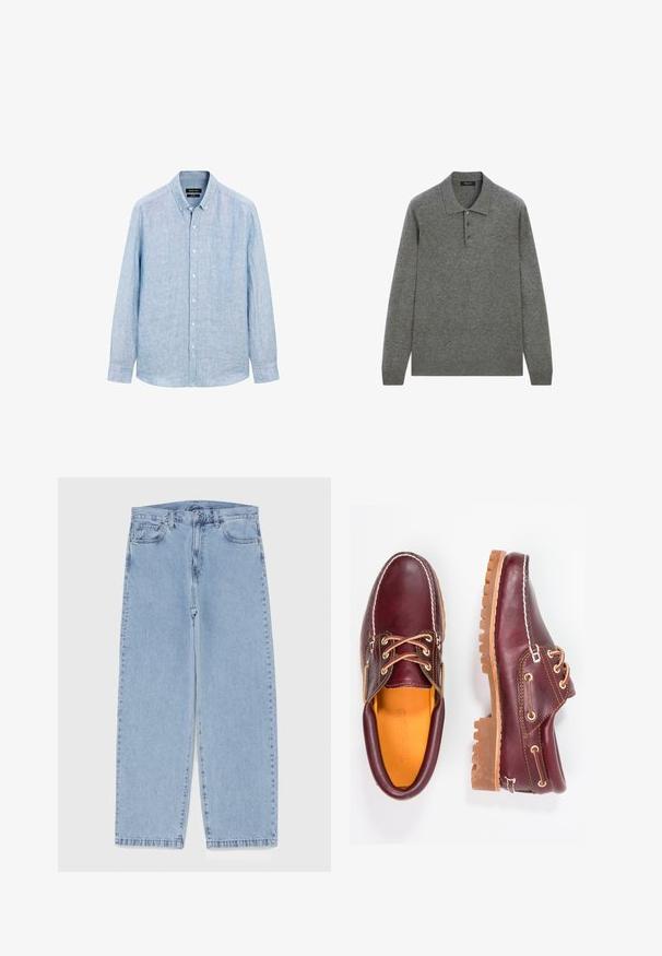 Camicia azzurro chiaro a maniche lunghe con bottoni, realizzata in un tessuto texturizzato. Presenta un colletto con bottoni e una patta frontale con bottoni bianchi.; Polo shirt grigio a maniche lunghe realizzato in un tessuto morbido, con colletto classico e placca con tre bottoni sul davanti.; Jeans in denim azzurro chiaro con design a gamba dritta, caratterizzati da una vita media, cinque tasche e chiusura con bottone e zip.; Scarpe in pelle bordeaux con suole in gomma marrone, punta rotonda, cuciture bianche e occhielli dorati. L'interno presenta un rivestimento giallo.
