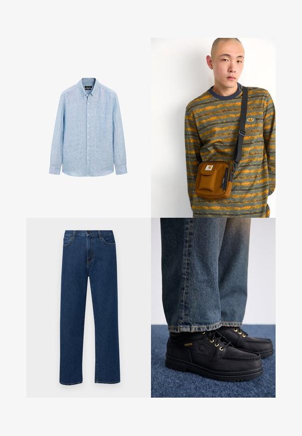 Lichtblauw, langärmelige button-up shirt gemaakt van een gestructureerde stof. Beschikt over een button-down kraag en een voorplacket met witte knopen.; Donkerblauwe rechte denim jeans met frontzakken en een knoopsluiting, weergegeven op een effen witte achtergrond.; Zwarte leren schoenen met gouden oogjes en een gestructureerde afwerking, gecombineerd met blauwe spijkerbroeken. De schoenen hebben een gelaagde zool en een merkteken.; Bruine stoffen schoudertas met rits en voorvak; gedragen over een grijs en oranje gestreepte lange mouw shirt met logo patch.