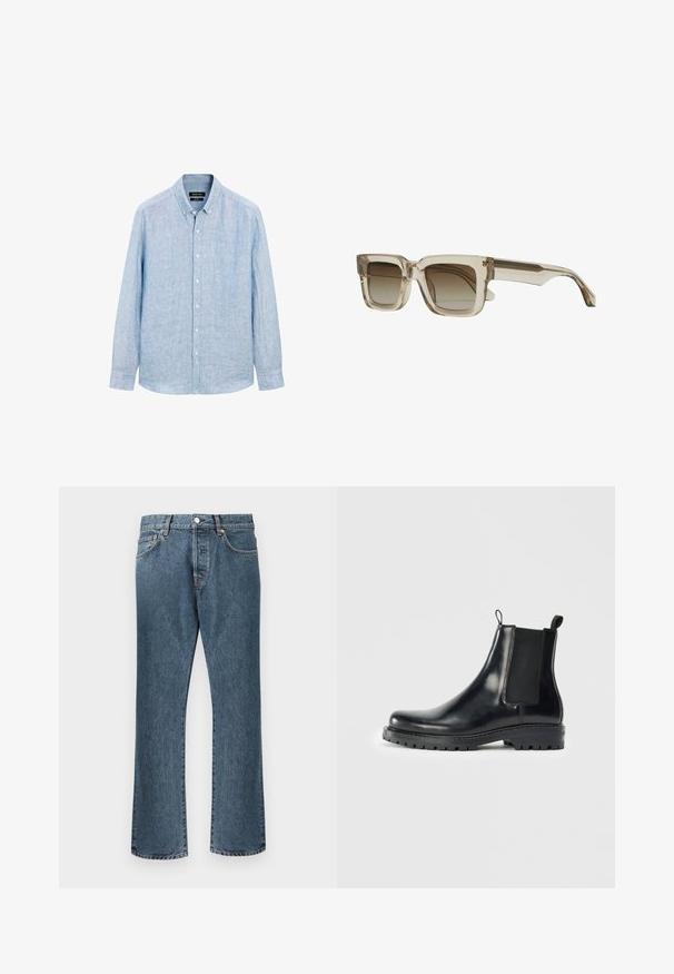 Lichtblauw, langärmelige button-up shirt gemaakt van een gestructureerde stof. Beschikt over een button-down kraag en een voorplacket met witte knopen.; Blauwe spijkerbroeken met een rechte pijp, uitgerust met een klassieke knoop- en rits sluiting, vijf zakken en subtiele vervaging.; Zwarte leren Chelsea laarzen met elastische zijpanelen, een lus voor gemakkelijke aan- en uittrekken, en een robuuste rubberen zool met een gestructureerde grip.; Vierkante zonnebril met een doorzichtig beige montuur en een gradueel bruine lens. De pootjes zijn slank en hebben een subtiel ontwerpelement.