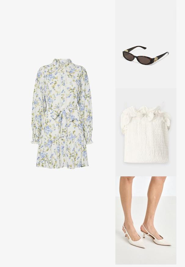 Hofmann Copenhagen EXCLUSIVE GENEVIVE - Tops - off white; Ziedu kleita baltā krāsā ar ziliem un zaļiem ziediem, ar apkakli, pogu aizdari priekšā, garām piedurknēm ar elastīgām aprocēm un jostas saišu.; Beidzējo oriģinālo bežējo lakotā ādas kurpju papēžus ar norādītu degunu un 5 cm papēdi, kas iekļauj izgrieztās sānu daļas un plānu potītes siksniņu.; Tīģerbrūnā sauļošanās brillēm ar izstieptām ovālām lēcām, brūnu tonējumu, zeltītiem logotipa akcentiem uz tempļiem un plānām melnām kājām.; Balta ziedu somiņa ar savelktu auduma virsmu, zeltīta toņa ķēdes siksna un metāla sprādze. Iekļautas teksturētas ziedlapiņas papildus detaļām.