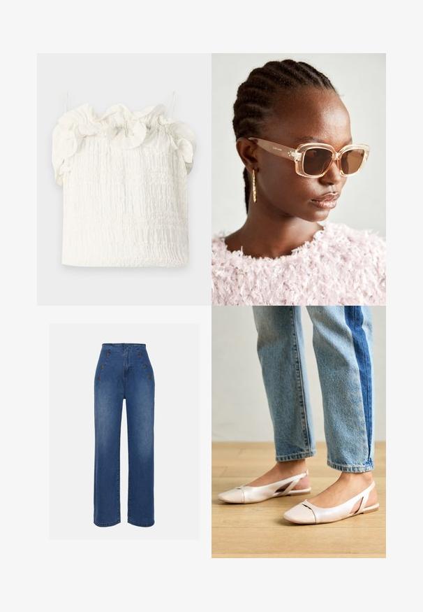 Hofmann Copenhagen EXCLUSIVE GENEVIVE - Top - off white; Højtaljede denimjeans i mellemblå. Har frontknapdetaljer og bred benlængde. Stoffet har en glat tekstur med let falmning.; Lyserøde slingback flade sko med spidse tær, lavet af et glat læderlignende materiale. Har udskæringsdetaljer på siderne og en flad hæl.; Beige oversized solbriller med en klar ramme og brune tonede linser, med subtile blomstermotiver og et dristigt, geometrisk design.