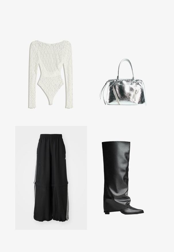 Fehér csipkés bodysuit hosszú ujjakkal, szőtt mintázattal és mély hátkivágással, magasan szabott lábnyílással.; Fekete, vállat szabadon hagyó póló rövid ujjakkal, fehér Adidas logóval és három fehér csíkkal a vállnál. Simább anyagtextúra.; Fekete sportnadrág elasztikus derékrésszel, oldalsó csíkokkal és laza szabással, amely összegyűrt szegéllyel rendelkezik a légies sziluett érdekében.; Fekete bőr, térdig érő csizmák sima felülettel, laza szabással, hegyes orral és alacsony négyzetes sarokkal. Minimalista stílus, látható hardver nélkül.; Fémes ezüst színű táska, strukturált formával, két felső fogantyúval és cipzáros zsebekkel az elülső oldalon. Simább, fényes textúra.