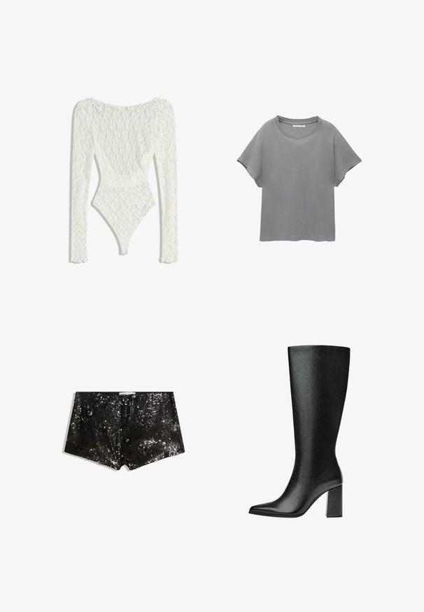 Fehér csipkés bodysuit hosszú ujjakkal, szőtt mintázattal és mély hátkivágással, magasan szabott lábnyílással.; PULL&BEAR SHORT SLEEVE - Nyomott mintás póló - grey; Fekete flitteres rövidnadrág, testhez simuló fazonnal. Csillogó flitterek, sima textúra és derékrész a biztos illeszkedés érdekében.; Fekete, térd fölé érő csizma műbőrből, hegyes orral, sima felülettel és tömör, blokk sarkú kialakítással. Minimalista dizájn, látható díszítések nélkül.