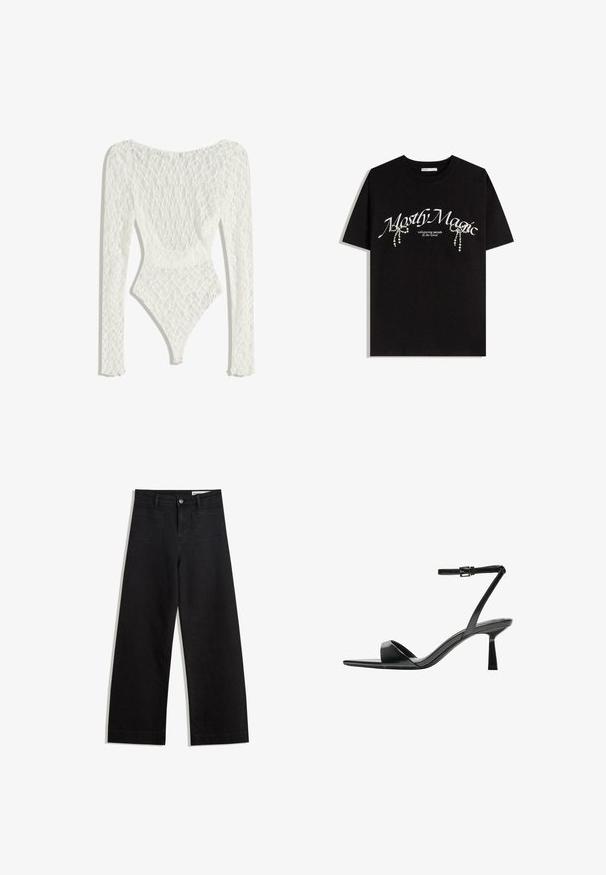 White lace bodysuit with long sleeves, featuring a woven pattern and a low back design, tapering to a high-cut leg opening.; Black cotton t-shirt featuring "Mostly Magic" text in white, adorned with decorative pearl accents. Short sleeves, relaxed fit, crew neck.; Black wide-leg denim pants with a high waist, featuring front and back pockets, stitched seams, and a button closure. Smooth texture.; Bershka High heeled sandals - black