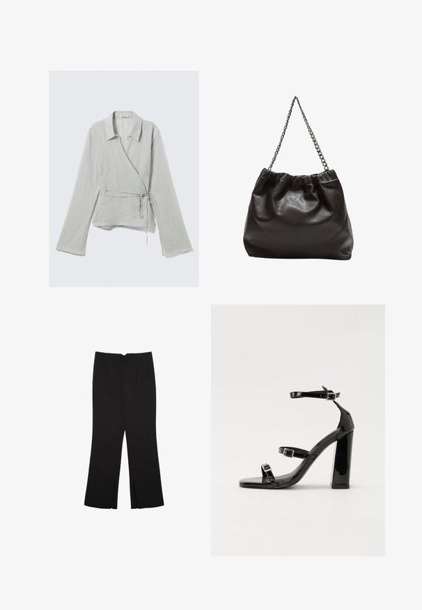 Ljusgrå wrap-skjorta med krage, långa ärmar, subtila ränder och knutdetalj i taljan. Tillverkad av ett texturerat tyg.; Svarta byxor med rak passform, utrustade med framfickor och sidoklyvningar vid fållen. Tillverkade av mjukt, slätt tyg. Lämpliga för olika tillfällen.; Svarta lackerade klacksandaler med fyrkantig tå, ankelremmar och silverfärgade spännen. Har en kraftig blockklack för stabilitet.; Brun läderväska med rynkad topp och kedjesnodd. Slät textur med en blankslipad yta och subtila sömdetaljer på sidorna.