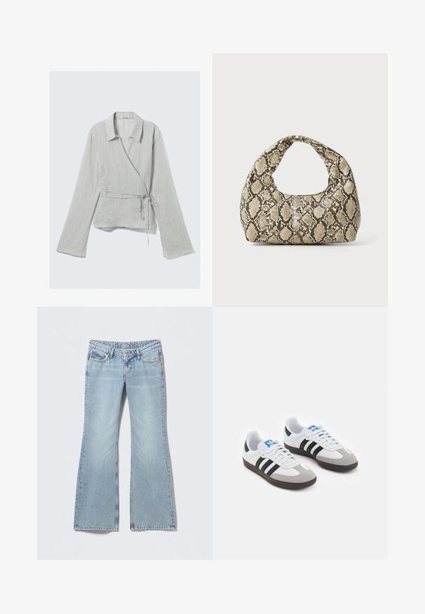 Lys grå omslagsskjorte med krage, lange ermer, subtile striper og knyte-detalj i midjen. Laget av et teksturert stoff.; Lyseblå jeans med vide bein og falmet finish, fem-lomme-design og kontrastfarget søm. Bomullsdenim med glatt tekstur.; Sportssko med en hvit skinnoverdel, grå semsket tå og tre svarte striper. Har en blå logo på tungen og en teksturert gummisåle.; Veske med slangeskinnmønster og krummet håndtak. Laget av teksturerte, beige og brune materialer, med et særegent diamantmønster.