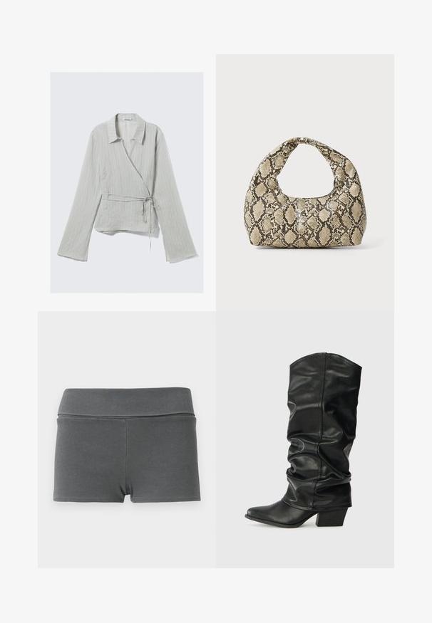 Light gray wrap shirt with a collar, long sleeves, subtle stripes, and a tied waist detail. Made of a textured fabric.; Ribbed fabric shorts in dark grey with a wide waistband. Features a fitted design, smooth texture, and no visible hardware or accents.; Black leather knee-high boots with a slouched design, pointed toe, and a chunky heel, featuring smooth texture and minimal stitching.; Snake-print handbag with a curved handle. Made from textured, beige and brown materials, featuring a distinctive diamond pattern.