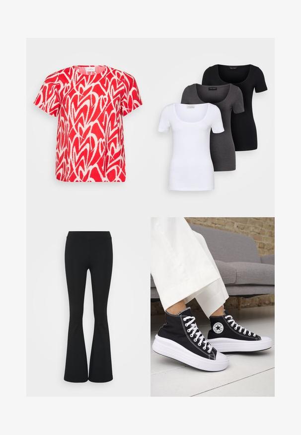 Rød t-skjorte med korte ermer som har et hvitt, abstrakt hjerte mønster. Laget av et mykt, lett stoff med rund utrigning og løs passform.; Tre figurerte T-skjorter i hvit, grå og svart. Hver har en bred scoop-nakke og korte ermer. Laget av glatt, elastisk stoff.; Svarte flared bukser laget av elastisk stoff, med høy midje og en glatt tekstur. Buksene vidder ut fra kneet.; Svarte høye sneakers med hvite gummisåler og lisser. Har et rundt logo-merke og kontrasterende hvite sømmer. Laget av lerret.