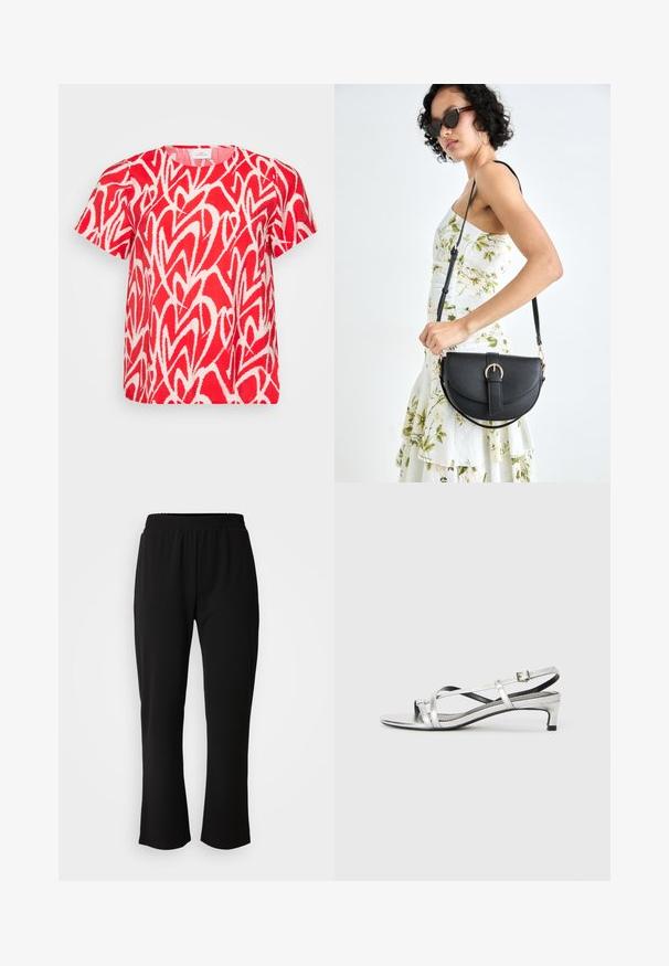 Punainen lyhythihainen t-paita, jossa on valkoinen abstrakti sydänkuvio. Valmistettu pehmeästä, kevyestä kankaasta, jossa on pyöreä kaula-aukko ja rento leikkaus.; ONLY Carmakoma CARLAMA STRAIGHT - Housut - black; Hopeasaumaiset nilkkapanta-sandaalit matalalla korolla, joissa on ristikkäiset hihnat ja sileä pinta. Minimalistinen muotoilu.; Musta nahkainen käsilaukku, joka on kaareva muotoilultaan, irrotettavalla hihnalla ja kultaisilla yksityiskohdilla. Laukussa on läppä, jossa on solk yksityiskohta.