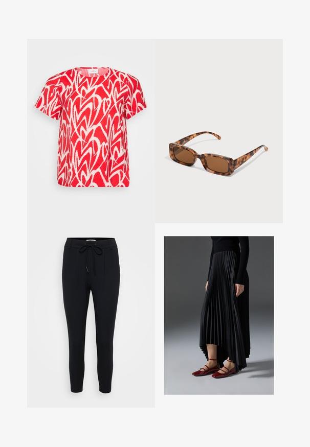 Raudona trumpomis rankovėmis marškinėlių su balta, abstrakčia širdies rašto. Pagaminta iš švelnios, lengvos medžiagos, su apvaliu iškirpimu ir laisvu siluetu.; Juodos aptemptos kelnės, pagamintos iš tamprių medžiagų, su raišteliu liemenyje, dviem priekinėmis raukšlėmis ir lygiu paviršiumi.; Juoda plisuota sijonas su aukštesniu priekiniu kraštu, derinamas su blizgiomis raudonomis plokščiomis bateliais, turinčiais dirželio dizainą. Medžiaga yra glotni.; Vėžlio kiauto saulės akiniai su stačiakampiais rudi objektyvais, storu rėmu ir siaurais rankenėlėmis, dekoruotomis skirtingų atspalvių ruda spalva.