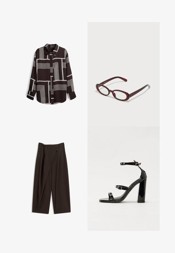 Camicia marrone a maniche lunghe con un motivo geometrico a righe bianche, design con collo e chiusura anteriore con bottoni. Tessuto liscio e leggero.; Pantaloni a gamba larga marrone scuro con vita alta, dotati di una chiusura con bottone singolo e una parte anteriore plissettata. Realizzati in tessuto leggero.; Sandali con tacco in vernice nera, con punta squadrata, cinturini alla caviglia e fibbie in argento. Presentano un tacco a blocco spesso per maggiore stabilità.; Occhiali da sole rotondi di colore rosso con lenti trasparenti e montatura marrone elegante. Il design presenta curve sottili e hardware minimale.