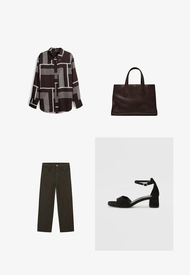 Braunes Langarmhemd mit einem geometrischen weißen Linienmuster, Kragen-Design und Knopfleiste. Glattes, leichtes Material.; Dunkelgrüne Jeans im weit geschnittenen Style, hergestellt aus einem Baumwollgemisch. Sie verfügen über einen Frontknopfverschluss, fünf Taschen und klassische Denim-Nähte.; Schwarze Wildleder-Espadrilles mit einem dünnen Knöchelriemen, offener Zehenpartie und moderatem Blockabsatz. Glatte Textur und minimale Akzente.; Braune Ledertasche mit zwei langen Griffen, strukturierte rechteckige Form, glatte Textur und dezente Nähdetails.