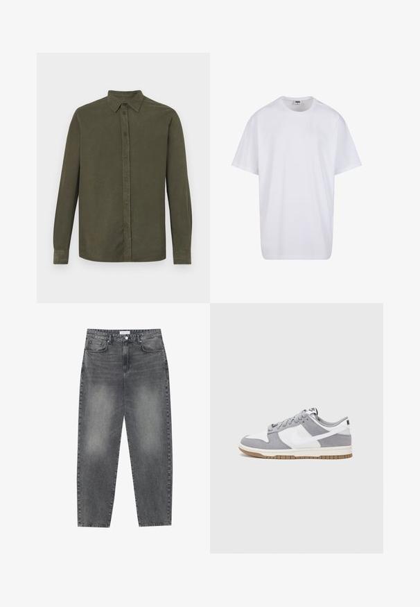 Zöld olívára színezett, hosszú ujjú ing, puha anyagból készült. Jellemzője a hegyes gallér és az elülső gombolás barna gombokkal.; Fehér pamut póló rövid ujjal, kerek nyakú, laza szabású, és nincsenek látható logók vagy minták. Simább textúra és minimalista dizájn.; Magasan szabott, bővebb szabású farmernadrág fakó fekete denim anyagban. Öt zsebbel, övhurkokkal és tiszta, egyenes lábszár dizájnnal rendelkezik.; Szürke és fehér sportcipő, velúr és bőr felsőrésszel, kerek orral, lapos fűzőkkel és gumitalppal, amelyen rágógumi színű díszítés található.