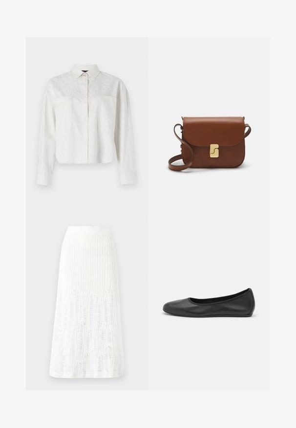 Cropped white button-up shirt with long sleeves, featuring a subtle logo pattern on the front and two chest pockets. Smooth texture.; Knit white midi skirt featuring a textured pattern with vertical lines and cut-out details near the hem. Elastic waistband. Soft material.; Black leather ballet flat with a rounded toe, smooth texture, minimal stitching detail, and a flexible sole design.; Brown leather handbag with a flap closure, gold-tone hardware, a shoulder strap, and a smooth texture. Compact rectangular shape.