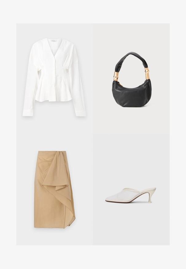 Haut blanc à manches longues avec un décolleté en V, présentant un devant boutonné et des côtés froncés, fabriqué en tissu léger, texture lisse.; Jupe enveloppante beige en tissu léger avec un drapé asymétrique, dotée d'une ceinture froncée et d'une texture lisse. Sans fermetures visibles.; Mule blanches en mesh avec un bout pointu, un talon moyen élancé et un design à enfiler, sur un fond uni.; Sac à main en cuir noir de forme ronde, texture douce, et avec une anse nouée ornée d'accents en matériel doré. Fermeture éclair.