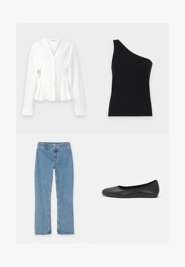 Top bianco a maniche lunghe con scollatura a V, caratterizzato da una chiusura con bottoni davanti e lati arricciati, realizzato in tessuto leggero con una texture liscia.; Canotta nera a costine con spalla scoperta, dal design aderente e texture morbida. Presenta un taglio pulito e minimal e un collare liscio.; Jeans in denim blu chiaro con gamba dritta, chiusura con bottone e zip, passanti per cintura e cuciture standard su sfondo bianco.; Pantofole da balletto nere in pelle con punta arrotondata, texture liscia, dettagli di cucitura minimi e design con suola flessibile.