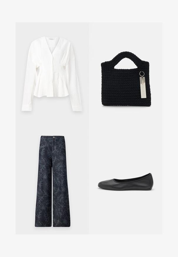 Weißes Langarmoberteil mit V-Ausschnitt, mit einer knöpfbaren Front und gerafften Seiten, aus leichtem Stoff mit glatter Textur.; Dunkelblaue Denim-Hosen mit weitem Bein, die ein gesticktes Blumenmuster in Hellblau zeigen. Klassisches Fünf-Taschen-Design mit einer Frontknopfverschluss.; Schwarze Leder-Ballettschuhe mit abgerundeter Spitze, glatter Textur, minimalen Nähdetails und einem flexiblen Sohlen-Design.; Won Hundred MARSIELLE COMPUTER BAG UNISEX - Notebooktasche - black