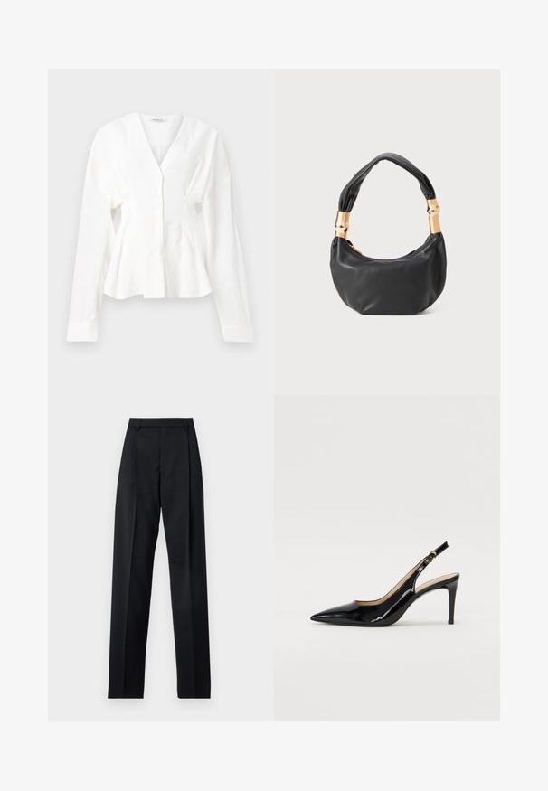 Biela blúzka s dlhými rukávmi a výstrihom do V, s gombíkmi na prednej strane a nariasenými bokmi, vyrobená z ľahkej tkaniny s hladkým povrchom.; Čierne nohavice vyrobené z hladkej látky s vysokým pásom, širokými nohavicami, prednými záhybmi a klasickými pútkami na opasok. Žiadne bočné vrecká nie sú viditeľné.; Čierne lakované kožené slingback lodičky s špicatou špičkou, štíhlým podpätkom a jemným výrezom. Obsahuje zlatú pracku na remienku.; Čierna kožená kabelka s guľatým tvarom, príjemnou textúrou a uzlíkovou rukoväťou s akcentmi zlatého tónu. Zipsové uzatvorenie.