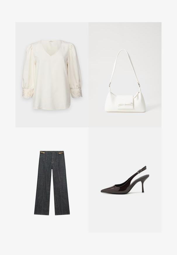 Cream-colored blouse with a V-neck, puffed long sleeves, and embroidered accents at the cuffs. Smooth fabric with a loose fit.; Dark wash denim wide-leg trousers with a high waist. Features visible stitching, a button closure, and a unique chain accent at the waist.; Slingback high-heeled shoe in glossy dark brown patent leather, pointed toe, open sides, and adjustable ankle strap.; White synthetic handbag with a triangular shape, flat front flap and bow detail, adjustable strap, smooth texture, and minimalistic design.