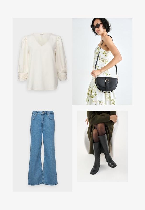 Blusa color crema con escote en V, mangas largas abullonadas y detalles bordados en los puños. Tejido suave con un corte holgado.; Jeans acampanados de color azul claro hechos de denim, con una cintura alta, cinco bolsillos y un cierre de botón. Textura suave con acabado desgastado.; Botas de cuero negro hasta la rodilla con puntera cuadrada y tacón de bloque, presentadas con un modelo sentado en un abrigo verde oliva. Textura suave, mínimo detalle.; Bolso de piel negra con forma curva, correa desmontable y herrajes dorados. El bolso cuenta con una solapa con un detalle de hebilla.