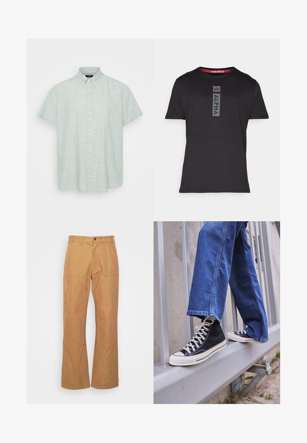 Camisa de manga corta verde claro en una tela texturizada. Presenta un cuello con botones, cierre frontal con botones y un pequeño emblema en el pecho.; Camiseta negra de manga corta hecha de tejido suave, con un logo vertical "ALPHA" en gris en el frente y un acento rojo en el cuello.; Pantalones cargo beige hechos de tela duradera, con bolsillos laterales, detalles de metal, corte recto y cinturilla regular.; Zapatillas de deporte negras de caña alta con suela y cordones blancos, combinadas con unos vaqueros de denim azul holgados, apoyadas en una barandilla gris.