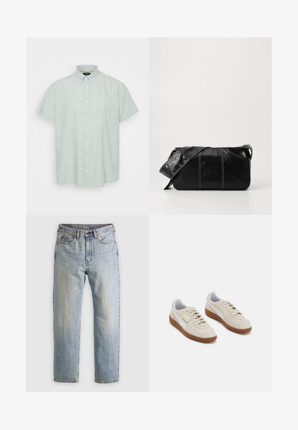 Cămașă scurtă cu mânecă, de culoare verde deschis, dintr-un material texturat. Dispune de un guler cu nasturi, închidere cu nasturi pe față și un mic emblema pe piept.; Jeans din denim de culoare albastru deschis, cu talie înaltă, nasture frontal, fermoar și design cu cinci buzunare, așezate platesc pe un fundal neutru.; Adidași din suede bej cu accente din piele albă și tălpi din cauciuc maro. Prezintă vârf rotund, șireturi și un logo auriu pe lateral.; Geantă de umăr din piele neagră cu închidere cu fermoar, având un corp texturat, cusături albe și o curea cu ochiuri argintii.