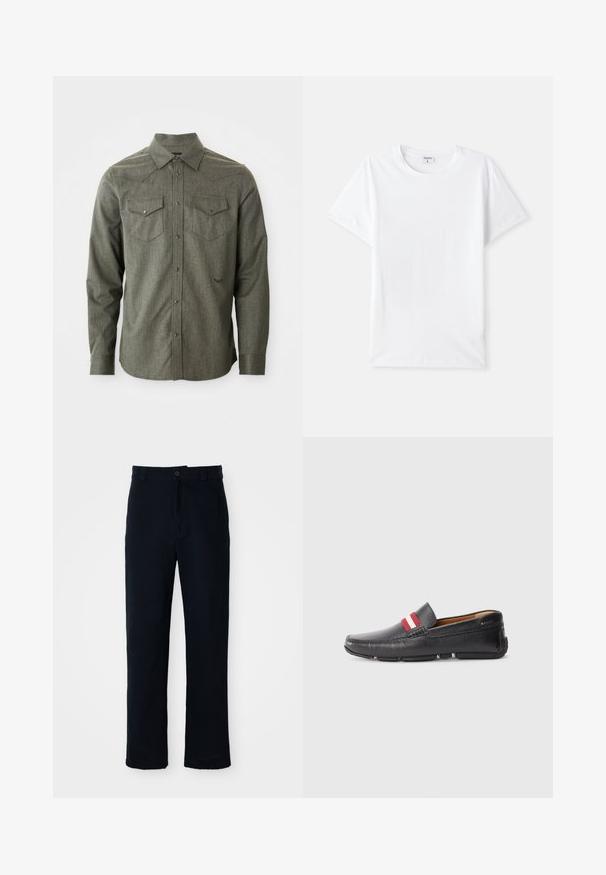 Žalia, ilgomis rankovėmis mygtukinė marškiniai, pagaminti iš tekstūruoto audinio. Turi dvi krūtinės kišenes ir smailų apykaklę su vakarietiško stiliaus margu detale.; Balta medvilninė marškinėlių, apvalia iškirpte, trumpomis rankovėmis, lygia tekstūra, be raštų ar akcentų, paprastas dizainas, standartinio kirpimo.; Tamsiai mėlynos medvilninės kelnės, turinčios tiesioginį kirpimą, priekyje užsegamos mygtuku ir klasikine juosta su dirželio kilpom.; Juodos odinės slip-on tipo bateliai su tekstūruota paviršių, raudonu ir baltu dryžuotu akcentu ant viršaus, apvaliu nosiu ir guminėmis padangomis.
