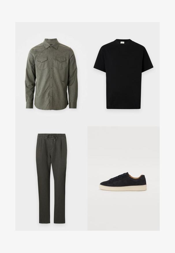 Grønn, langermet skjorte med knapper laget av teksturert stoff. Har to brystlommer og spiss krage med vestlig stil på bærestykket.; Svart bomulls t-skjorte med rund hals, korte ermer og rett snitt. Ingen synlige mønstre eller feste detaljer.; Mørkegrå linbukser med snøring i livet. Rett ben-design, lett stoff, minimal detaljering og glatt tekstur.; Svarte semskede sneakers med rund tå, kontrastfarget beige gummisåle, flate lisser og subtile teksturerte detaljer på overflaten.