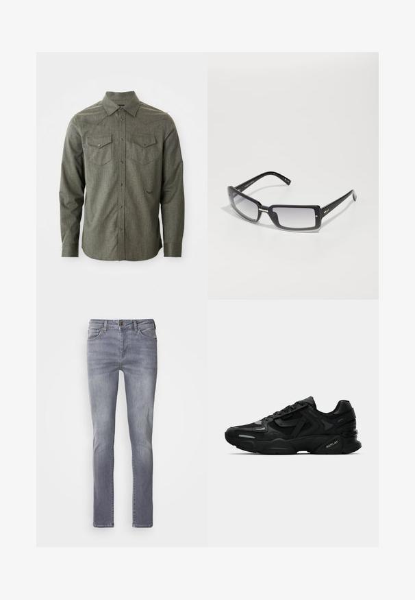 Grünes, langärmliges Button-Up-Hemd aus strukturiertem Stoff. Verfügt über zwei Brusttaschen und einen spitzen Kragen mit westernmäßigen Yoke-Details.; Hellgraue Denim-Jeans mit geradem Schnitt, ausgestattet mit fünf Taschen, Messingknopfverschluss und subtiler Ausbleichung an den Beinen.; Schwarze Sport Sneakers mit strukturiertem Obermaterial, reflektierenden Akzenten und gepolsterten Sohlen. Mit Schnürsenkeln und Markenlogo an der Seite.; Schwarze rechteckige Sonnenbrille mit einem abgedunkelten Glas, ausgestattet mit einem dicken Rahmen und metallischen Akzenten an den Bügeln. Glatte Textur insgesamt.