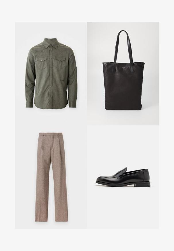 Grøn, langærmet skjorte med knaplukning lavet af tekstureret stof. Har to brystlommer og spids krave med western-inspireret yoke-detalje.; Brune, højtaljede bukser lavet af tekstureret stof. Har brede ben og to frontfoldninger for struktur. Pæn finish uden synlig hardware.; Sorte læderloafers med en glat overflade, rund tå og en dekorativ strop over vampen. Lav hæl med stabeldesign, minimalistisk stil.; Sort lærred tote taske med sorte læderhåndtag. Simpelt design, rummelig krop og en glat overflade. Ingen synlige logoer eller mønstre.