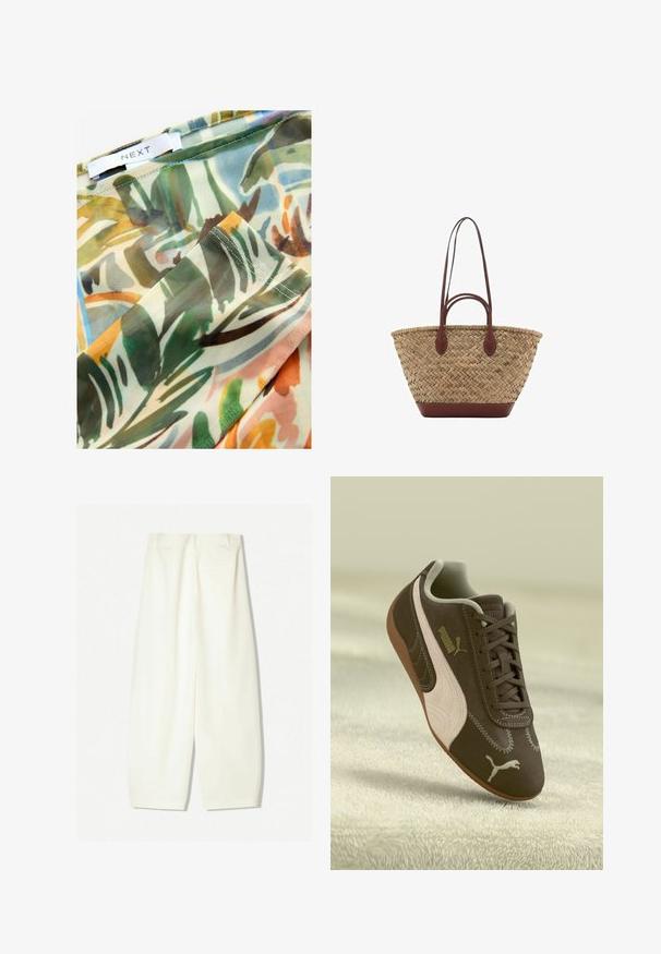 Prozirna tkanina s šarenim, apstraktnim botaničkim uzorkom u zelenim, smeškastim i žutim nijansama, sa obrubljenim ivicama i oznakom koja glasi "NEXT."; Hlače širokih nogavica od mekog kremastog materijala, s glatkom teksturom, prednjim džepovima i opuštenim krojem s srednje visokom elasticom.; Smeđi Puma tenisice s bež prugom i logotipom, vezane, odložene na teksturiranoj bež površini.; Tkana torba od trske s pletenom teksturom, tamnosmeđi kožni drška i dno, široki kružni oblik i otvoreni gornji dizajn.
