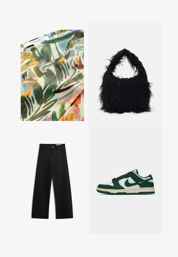 Prosojna tkanina z barvitim, abstraktnim botaničnim vzorcem, ki vključuje zelene, rjave in rumene odtenke, z obšitimi robovi in oznako "NEXT."; Črne široke denim hlače z visokim pasom, ki imajo sprednje in zadnje žepe, šivane šive ter gumbasto zapiranje. Gladka tekstura.; Nike superge nizkega profila v beli in temno zeleni suede usnju z ujemajočo zeleni Swoosh in majhnim rumenim Swoosh poudarkom na strani.; Even&Odd Torba za nakupovanje - black