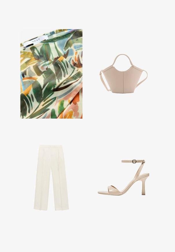 Genomskinlig textil med ett färgglatt, abstrakt botaniskt mönster i grönt, brunt och gult, med sydda kanter och en etikett som säger "NEXT."; Breda byxor i en ljus krämfärg. Tillverkade av ett mjukt tyg med veck fram och sidofickor.; Nude patentläder högklackad sandal med en tunn ankelrem och rund spänne, öppen tådesign och en smal stilettklack.; Beige läderhandväska med en unik form, med två korta handtag och ett långt justerbart axelband. Slät textur med minimal hårdvara.
