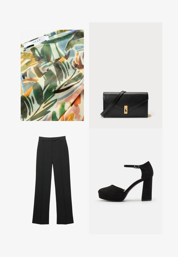 Läpinäkyvä kangas, jossa on värikäs, abstrakti kasvi-kuvio, joka esittelee vihreitä, ruskeita ja keltaisia sävyjä, ommeltu reunoilta ja etiketti, jossa lukee "NEXT."; Mustat korkeavyötäröiset leveälahkeiset housut, joissa on vyölenkit ja etusaumadetaili, esillä valkoisella taustalla.; Mustat mokkanahkaiset korkokengät, joissa on paksu tukikorko, pyöreä kärki ja nilkkavöri, joka on kiinnitetty metallisella soljella. Pintakuvio on sileä.; Mustavärinen nahkalompakko, jossa on käännettävä läppä, kultaiset yksityiskohdat ja logoakseli. Mukana irrotettava olkahihna kuljetusta varten.