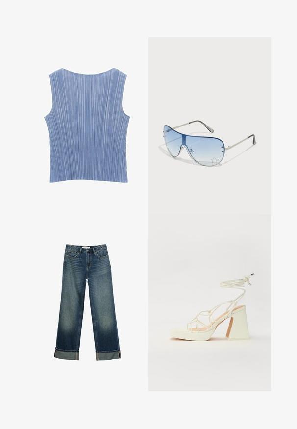 Sininen hihaton toppi, jossa on pystysuorat poimutukset, pyöreä pääntie ja sileä pinta. Suunniteltu mukautuvaan istuvuuteen.; Makuusi leveät siniset farkut, joissa on haalistunut viimeistely, viisi-taskuinen muotoilu ja taitetut lahkeet, joissa on kontrastivärinen ompelu. Silkkisen sileä rakenne.; Valkoinen korkokenkä, jossa on paksu korko, ja joka sisältää nauhakiinnityksen ja nilkkaketjun. Sujuva pinta, jossa on platform-etupohja lisäkorkeutta varten.; Aviator-mallin aurinkolasit, jotka ovat varustettu gradienttisilla sinisillä linsseillä, hopeisella metallikehyksellä ja koristeellisilla tähtikoristeilla linsseissä. Joustava ja viehättävä muotoilu.