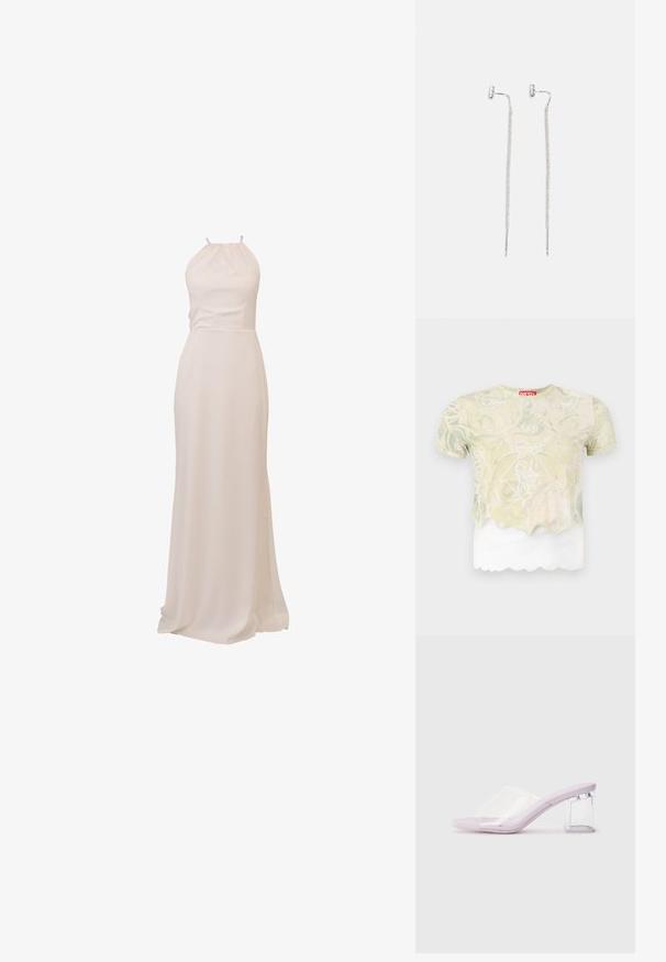 Camicia a maniche corte con un motivo floreale verde chiaro, strato superiore trasparente con orlo scallop e strato inferiore bianco solido. Etichetta con logo rossa visibile.; Lungo vestito con collo a halter in morbido tessuto crema. Texture liscia, corpino aderente e gonna fluttuante con una leggera scia. Design minimalista.; Mule con tacco lilla con parte superiore in plastica trasparente e tacco a blocco trasparente. Texture liscia, design a punta aperta, forma minimalista.; Borsa a perline con colori vivaci: rosa, arancione, blu e marrone. Superficie testurizzata con perline circolari e forme organiche, manici robusti.; Orecchini lunghi in argento con un design a catena sottile simile a una rete e accenti a bastone dritto, dotati di chiusure a farfalla per una chiusura sicura.