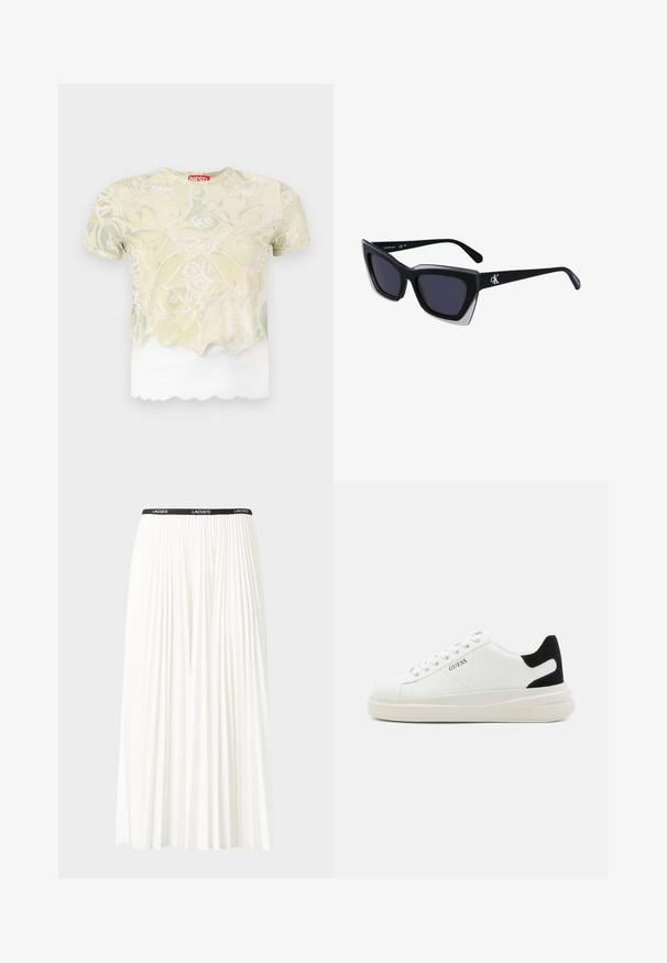 Rövid ujjú ing, világoszöld virágmintával, átlátszó felső résszel, fodros szegéllyel és egyszínű fehér alsó résszel. Piros logó címke látható.; Plisszírozott fehér szoknya fekete elasztikus derékkal, amelyen a "LACOSTE" logó található. Középhosszú kialakítás, puha tapintással.; Fehér bőr sportcipők vastag fehér talppal, fekete velúr sarokpikkelyel és dombornyomott logóval az oldalon. Fűzős kialakítás, hat fűzőlyukkal.; Fekete, nagyméretű napszemüveg geometrikus formával, sötét lencsékkel és kontrasztos szürke részlettel a kereten. Logó a szárán.