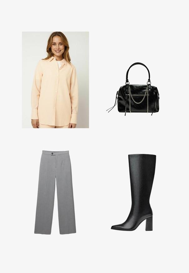 Moves ELASSU - Camicia - tangerine; Pantaloni grigi su misura con gamba ampia, frontale piatto e texture sottile. Presentano una chiusura a un bottone e linee pulite.; Stivale nero al ginocchio realizzato in pelle sintetica, con punta affusolata, texture liscia e tacco a blocco spesso. Design minimalista senza decorazioni visibili.; Bershka WITH CHAIN - Borsa a mano - black