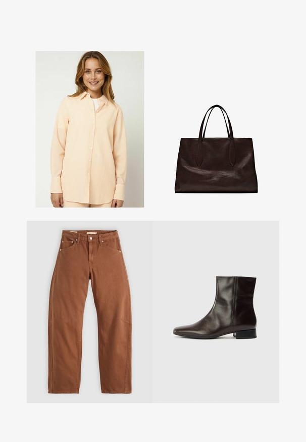 Moves ELASSU - Button-down blouse - tangerine; Rust brown straight-leg jeans with front and back pockets, metal rivets, button closure, and belt loops, laid flat on a white background.; Brown leather ankle boot with a pointed toe, smooth texture, mid-heel, and simple design. Minimalist style with no embellishments.; Massimo Dutti Handbag - brown