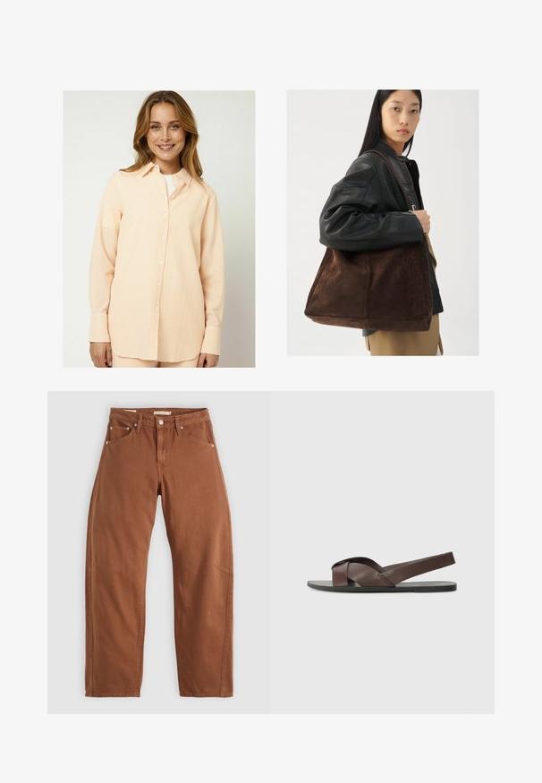 Moves ELASSU - Skjortebluser - tangerine; Rustbrune straight-leg jeans med for- og baglommer, metalnitter, knaplukning og bæltestropper, lagt fladt på en hvid baggrund.; Brune lædersandal med krydsremdesign, flad sort såle og justerbar bagrem. Glat tekstur og minimale hardwaredetaljer.; Brun ruskind tote taske med en bred form og blød tekstur, der har en enkelt strop og minimal hardware mod en neutral baggrund.