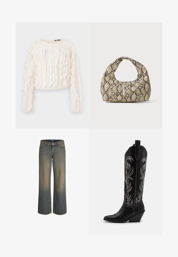 Blusa bianca a maniche lunghe cropped con strisce verticali testurizzate e dettagli arricciati. Chiusura a chiave sul retro. Tessuto morbido.; Jeans in denim blu a gamba larga con una gradazione dal chiaro allo scuro, design a cinque tasche e chiusura con bottone. Dettagli cuciti sui bordi.; Stivali da cowboy in pelle nera con punte affusolate, tacchi a zoccolo e motivi floreali ricamati in argento lungo il gambale. Cuciture a contrasto in tutto lo stivale.; Borsa a stampa rettile con manico curvo. Realizzata in materiali testurizzati beige e marroni, presenta un distintivo motivo a rombi.