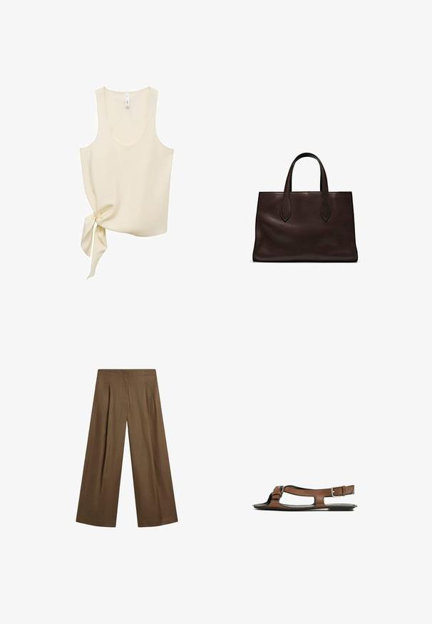 Crème-kleurige tanktop gemaakt van gladde stof, met een ronde hals en een zijstrikdetail voor een asymmetrisch ontwerp.; Wijdere broek in een effen bruine kleur, gemaakt van een zachte stof met een gladde textuur. Voorzien van voorplooien en een op maat gemaakte tailleband.; Bruine leren sandaal met een open teen en zijuitsparingen. Voorzien van een enkelband met een metalen gesp en een platte zool.; Bruine leren tote bag met twee verlengde handvatten, gestructureerde rechthoekige vorm, gladde textuur en subtiele stiksels.